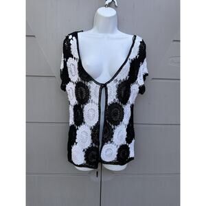 Joseph A Crochet Open Knit Cardigan Black White grannycore Boho Artsy Sz M